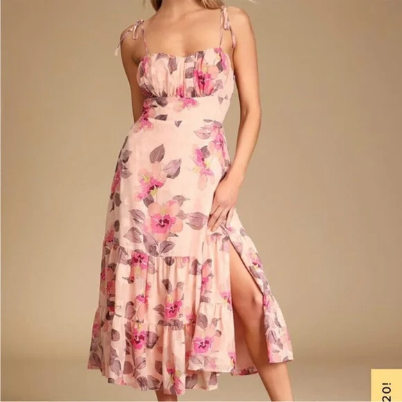 Lulu's Dresses & Skirts - NEW NWT Lulu’s Tea Party Chic Pink Floral Print Tie-Strap Tiered Midi Dress S